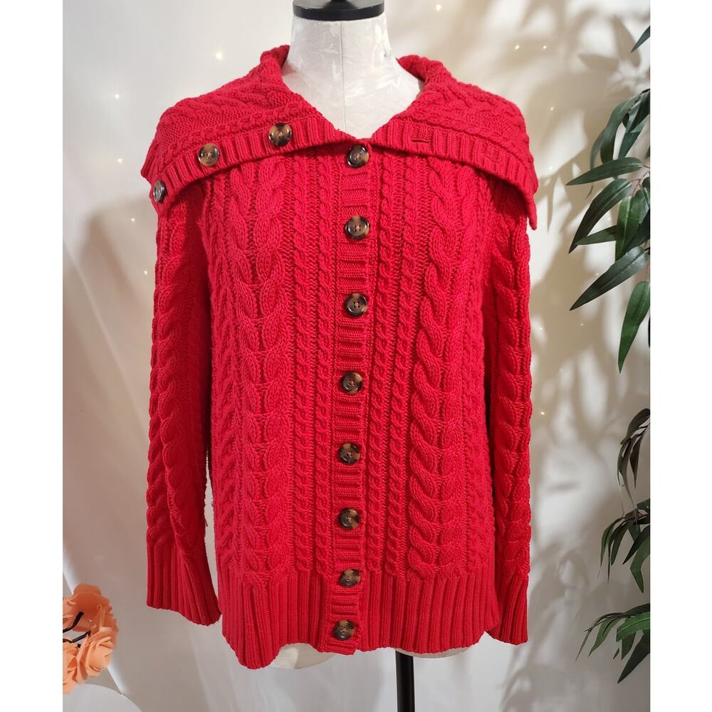 Lands End Womens Fisherman Heavy Cable Knit Button Cardigan Sweater Size XL Red
